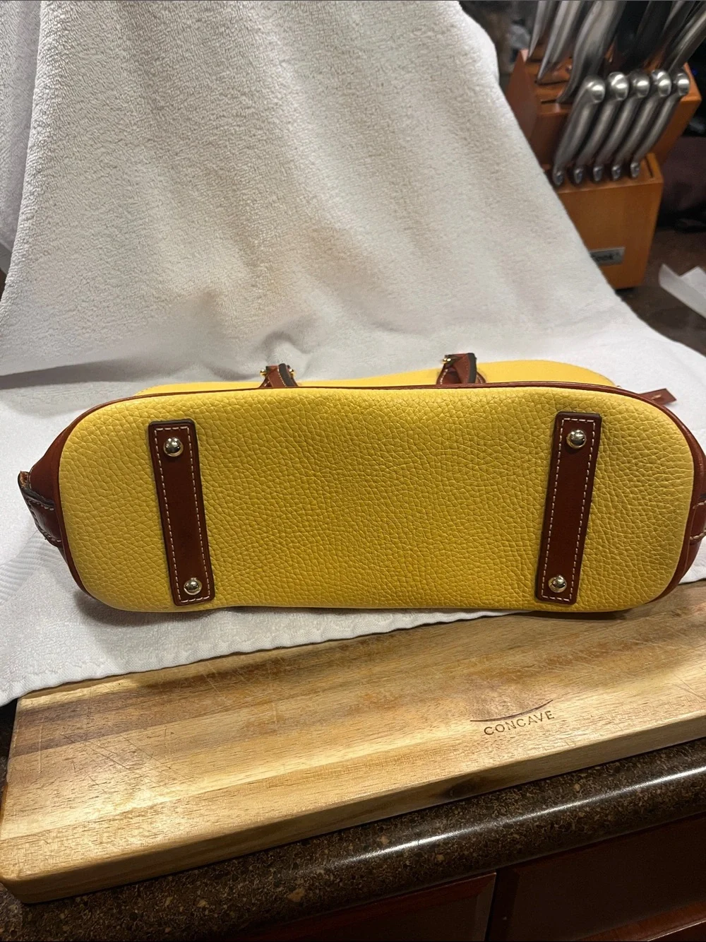 Dooney & Bourke Yellow Leather Satchel with Brown Trim and Handles